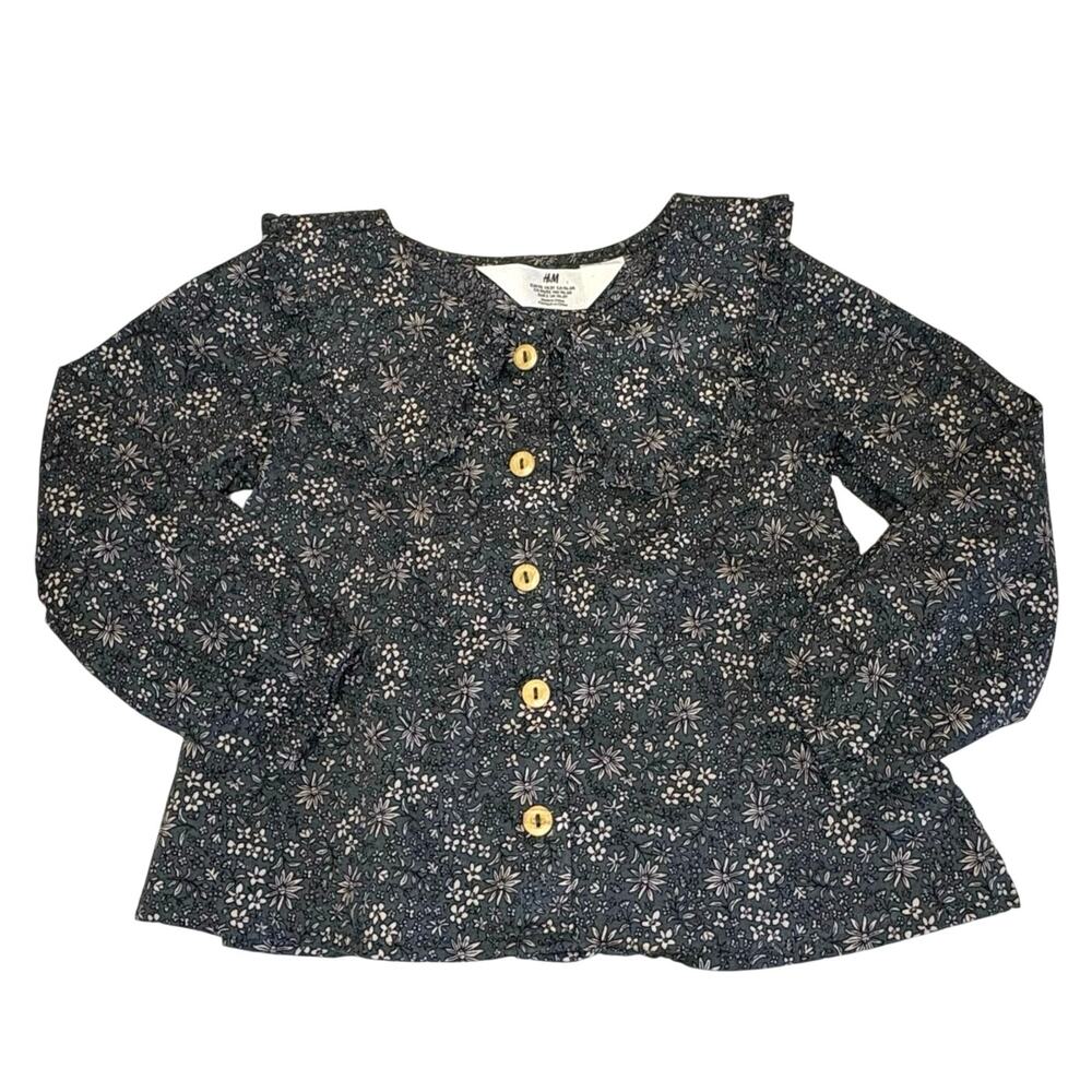 H&M Girls Blouse 2T Green Floral Cotton Long Sleeve Peter Pan Collar Cottagecore